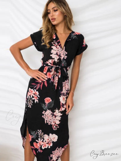 Split Women Party Flowered Midi Ruffles Bohemian V-Neck Casual Gown Gown Design Wrap Warm-Season Sexy Full-Length