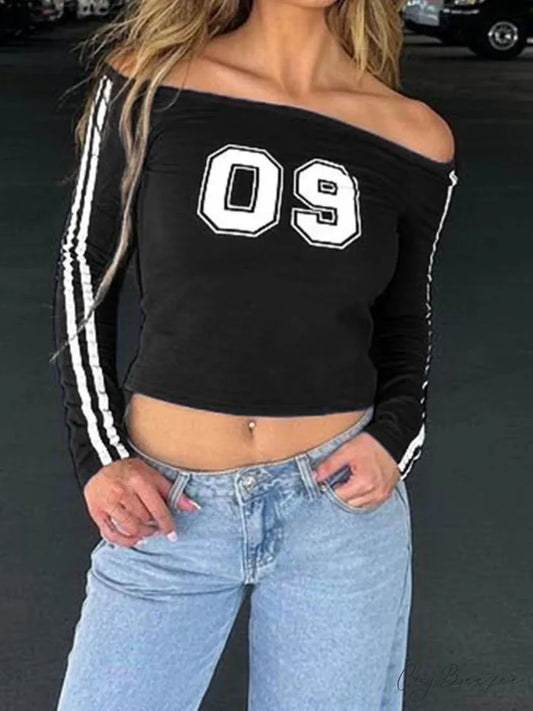 Sporty Stylish Number Printed Football Jersey Slim Slash Neck Knit Top Black / S knittop-250126