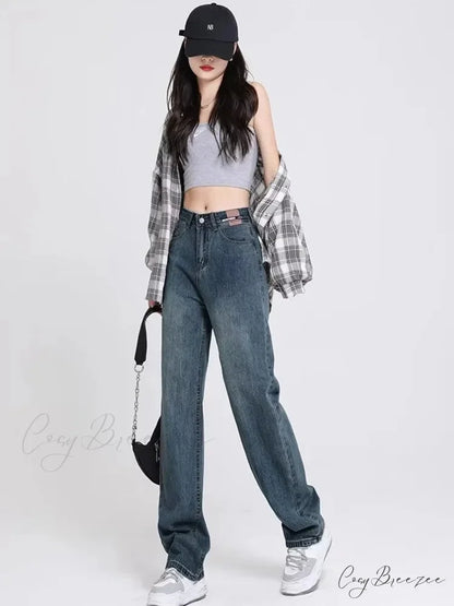 Spring and Autumn New Korean Version High-Waisted Slimming Retro Straight Jean