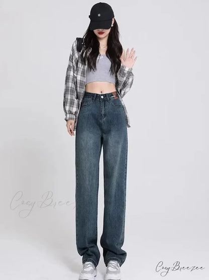 Spring and Autumn New Korean Version High-Waisted Slimming Retro Straight Jean