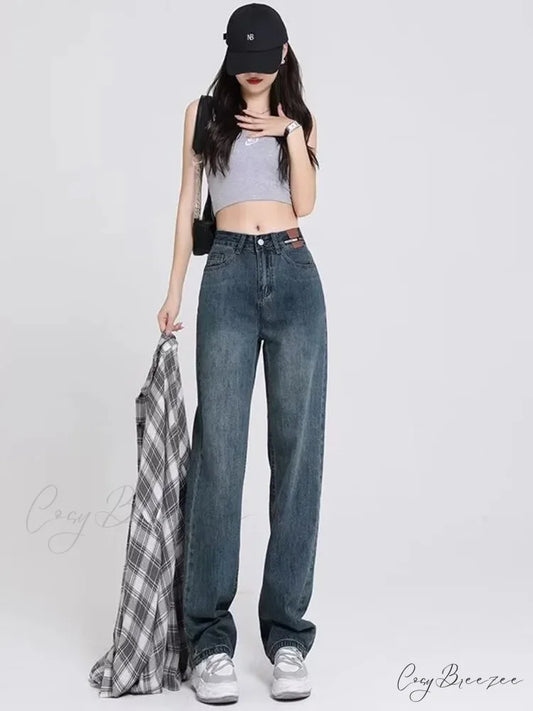 Spring and Autumn New Korean Version High-Waisted Slimming Retro Straight Jean Deep Blue / S
