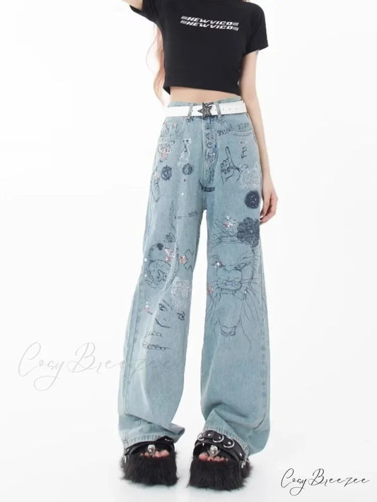 Spring and Autumn New Small Market Design Sense Personalized Print Graffiti Straight Women’s Jean Blue / S