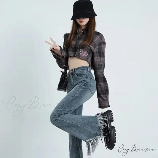 Spring And Autumn Vintage Blue Tassel Elastic Horseshoe Rugged Edge Micro Horn Jean