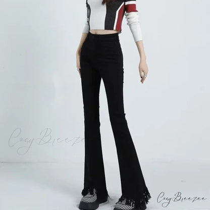 Spring And Autumn Vintage Blue Tassel Elastic Horseshoe Rugged Edge Micro Horn Jean Black / XS