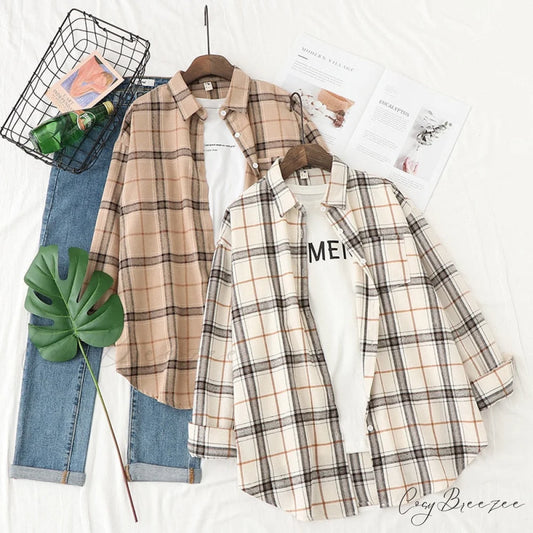 Spring Autumn Checked Blouses Loose Outwear Shirts Arm Long Casual Womens Tops Plaid News