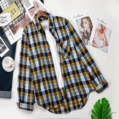 Spring Autumn Checked Blouses Loose Outwear Shirts Arm Long Casual Womens Tops Plaid News M / 18