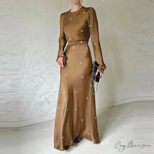 Spring Autumn Elegant Floral Printed Puff Sleeve Nipped Waist Slim Fit Round Neck Maxi Streetwear Dress