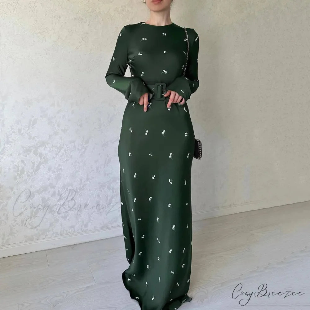 Spring Autumn Elegant Floral Printed Puff Sleeve Nipped Waist Slim Fit Round Neck Maxi Streetwear Dress Green / XS