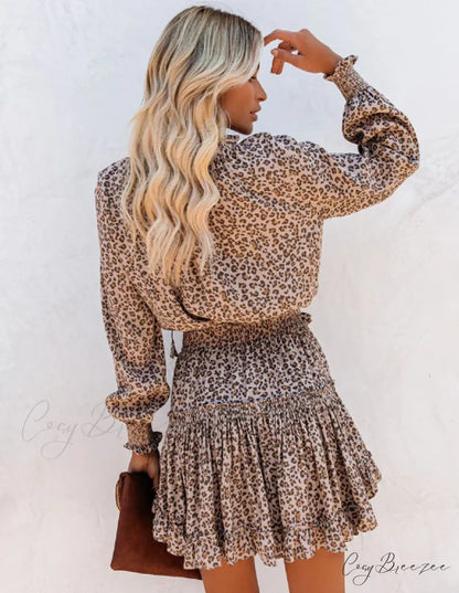 Spring Autumn Long Sleeve Women’s Leopard Print Party Dress