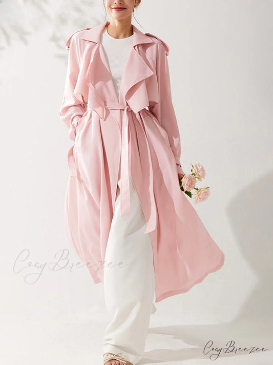 Spring Autumn Long Sweet Thin Flowy Pink Sashes High Quality Luxury Designer 2024 Stylish Coat