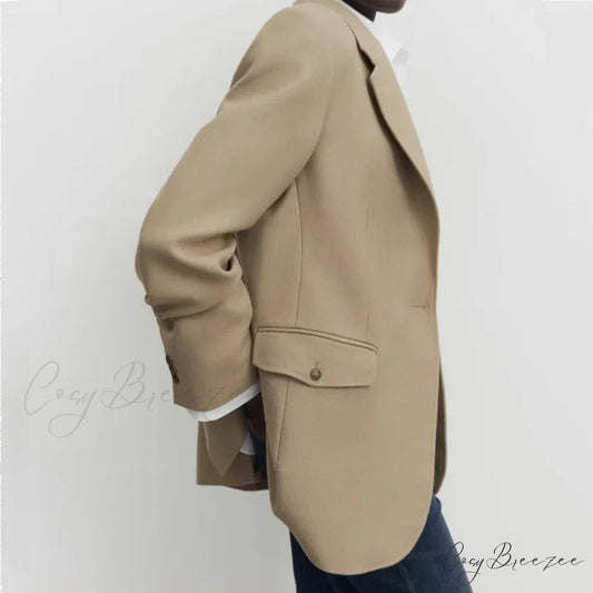 Spring Autumn One Button BF Boyfriend Vintage Long Sleeve Khaki Blazer