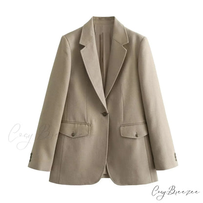 Spring Autumn One Button BF Boyfriend Vintage Long Sleeve Khaki Blazer Khaki / S