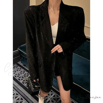 Spring Autumn Silver Sequin Oversized Office Lady Elegant Party Blazer Black / XL