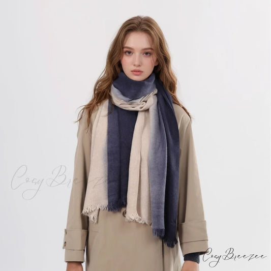 Spring Autumn Winter Thin High-end Gradient Two-tone Large Faux Cashmere Elegant Scarf Navy Blue