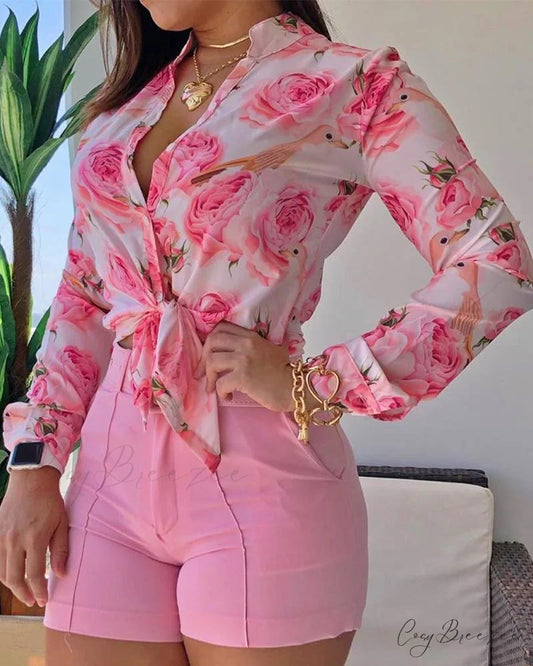 Spring Blouse Tie Knot Patterned Casual Arm Flowered Top for Blouse Long Women