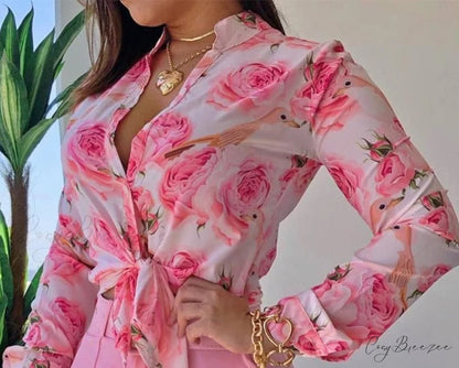 Spring Blouse Tie Knot Patterned Casual Arm Flowered Top for Blouse Long Women L / pink shirt