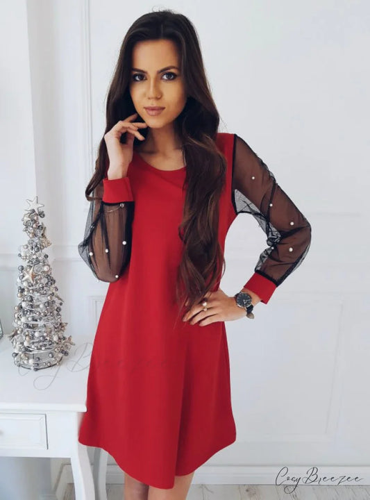 Spring Boat Neck Long Sleeve Straight Dress in Black S / Red