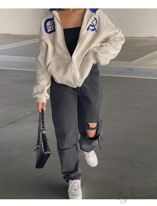 Spring Hoodie Hop Zipper Y2K Oversized Women’s Gray Embroidery Letter Streetwear Punk Hip Sweatshirt