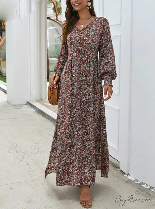 SPRING LONG ELEGANT RETRO BOHO DRESS S / BROWN