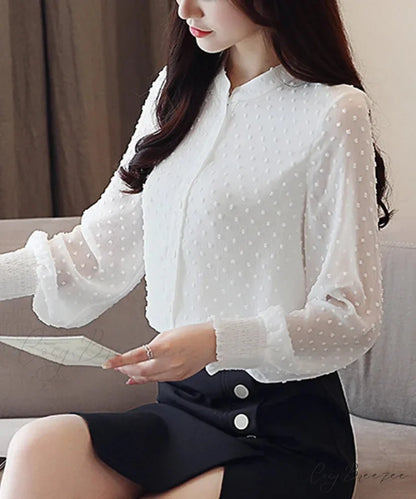 Spring Long Sleeve White Office Crop Top blouse-250126
