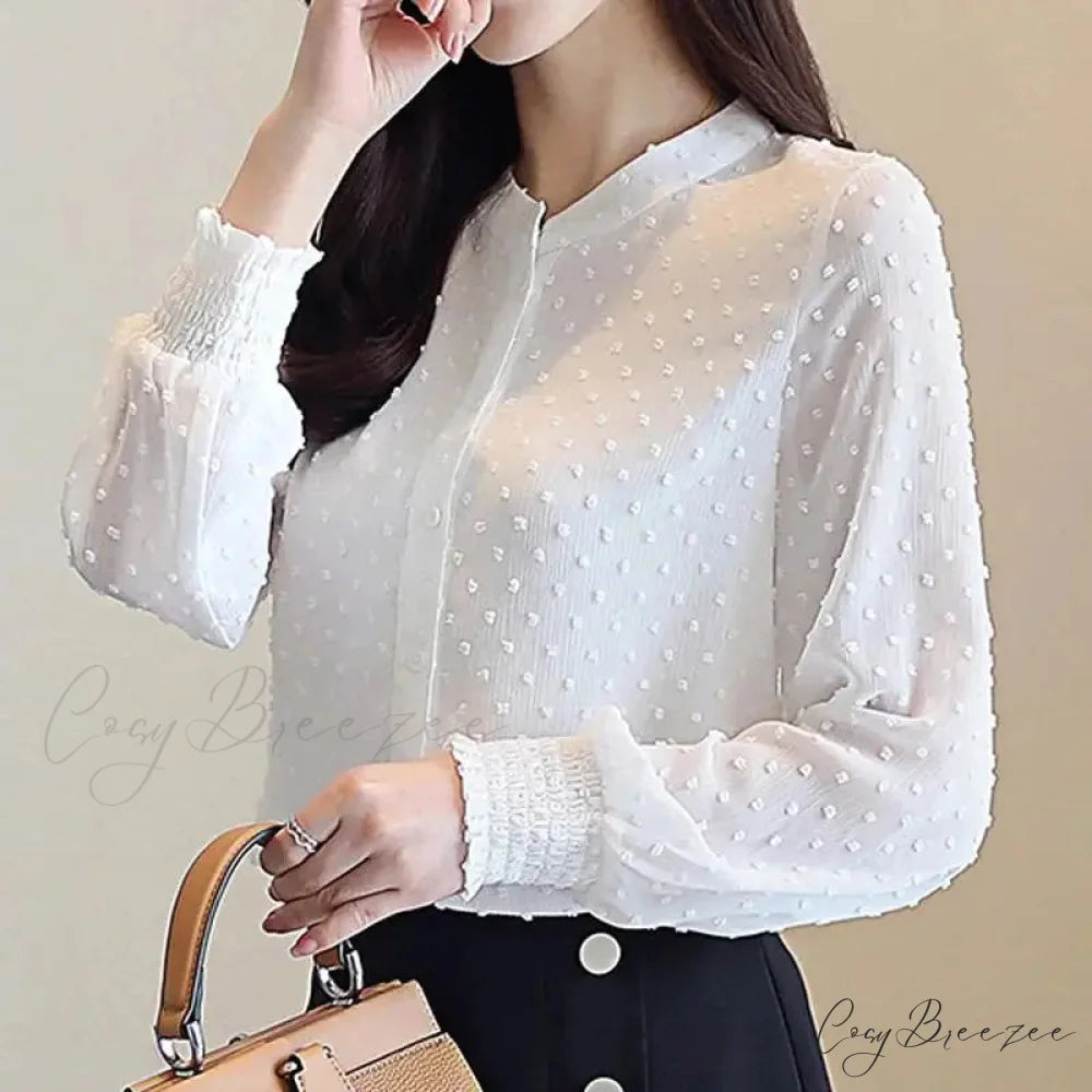 Spring Long Sleeve White Office Crop Top WHITE / S blouse-250126