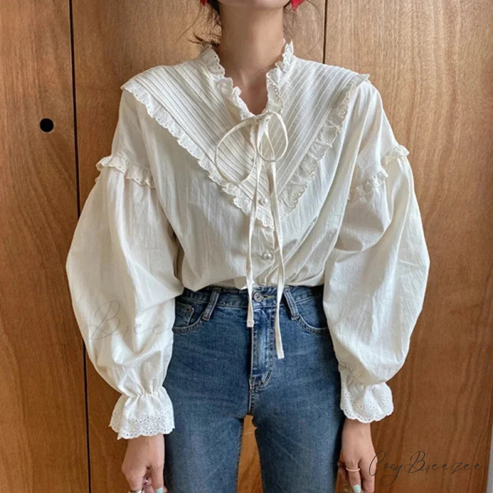 Spring Loose Lantern Sleeve Classic Blouse WHITE / S blouse-250223