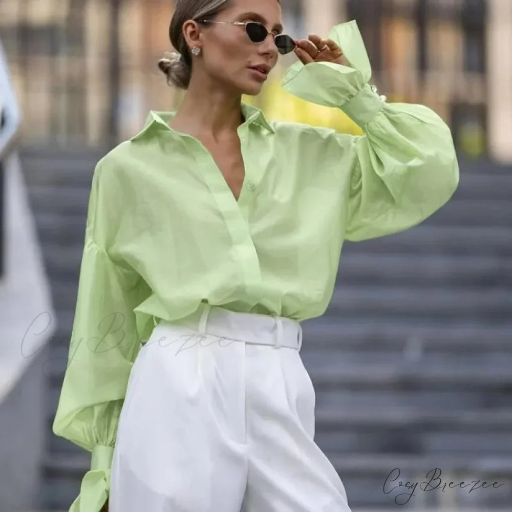 Spring Office Relaxed Shirt Green / S blouse-250223