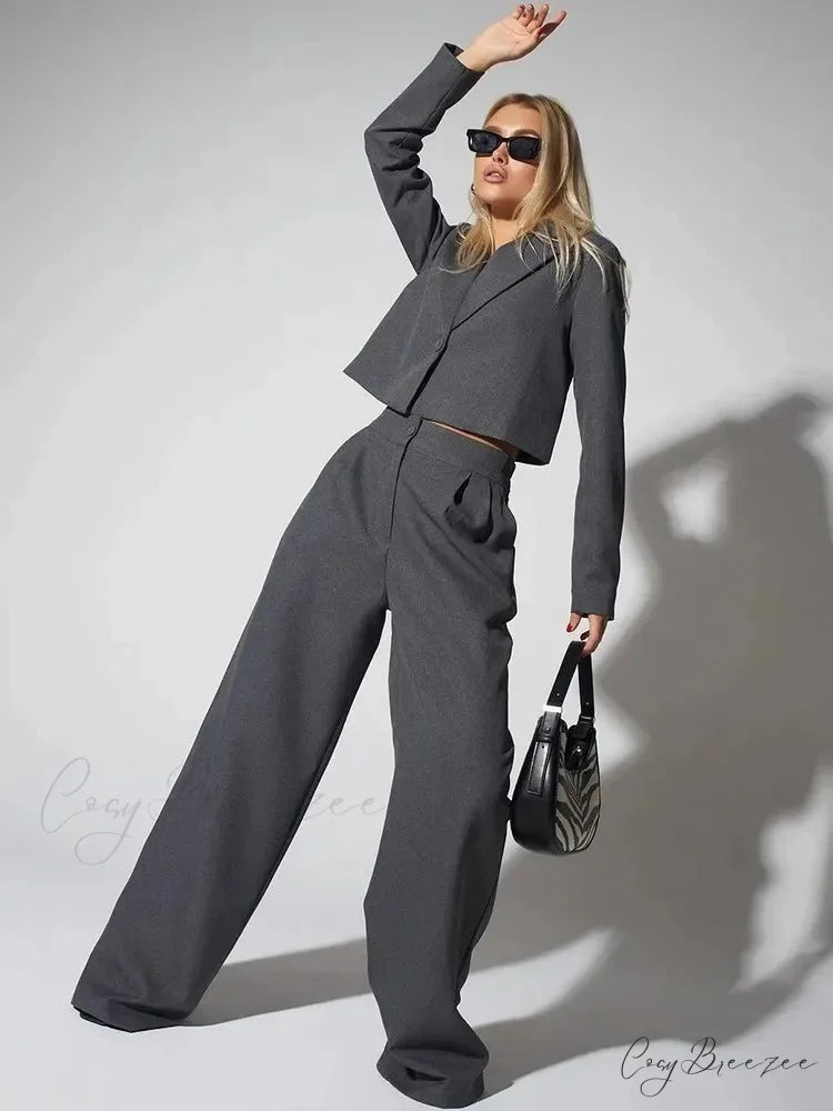 Spring Slim Wide Leg Pants Office Set Dark Grey / S officetwopieceset-250223