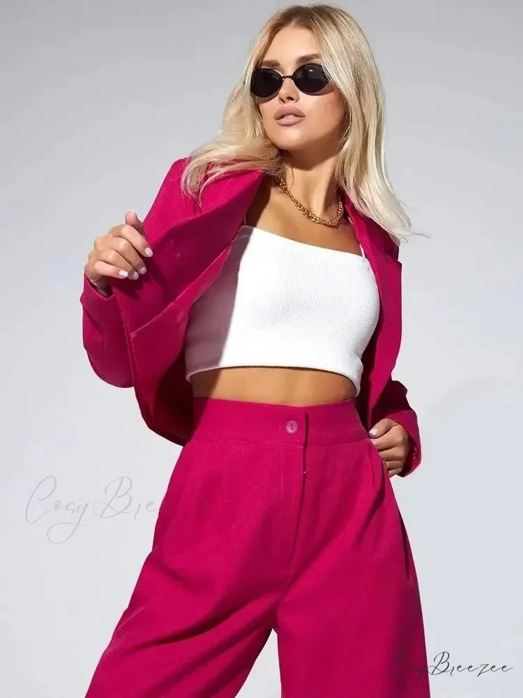 Spring Slim Wide Leg Pants Office Set Rose Red / S officetwopieceset-250223