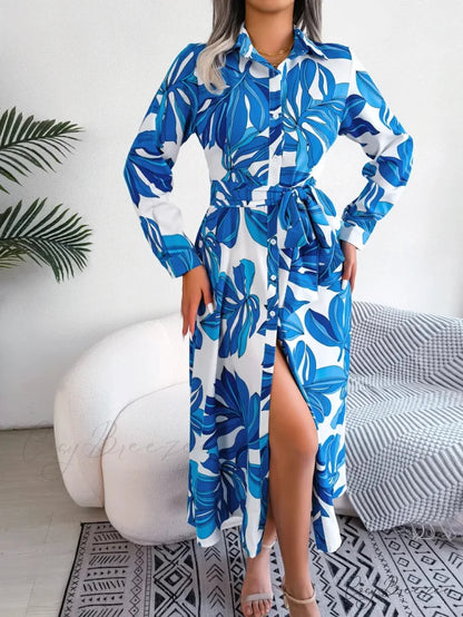 Spring Summer Contrast Floral Polo Collar Shirt Dress Blue / S oldfloraldress-250126
