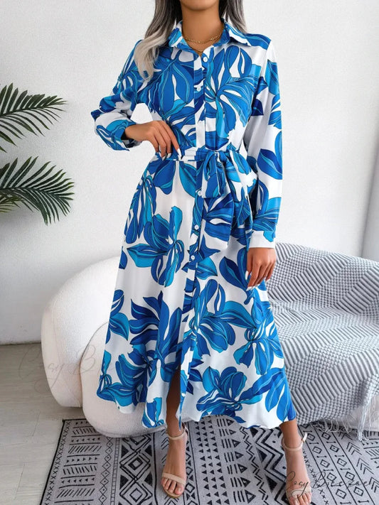 Spring Summer Contrast Floral Polo Collar Shirt Dress oldfloraldress-250126