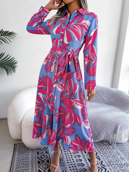 Spring Summer Contrast Floral Polo Collar Shirt Dress oldfloraldress-250126