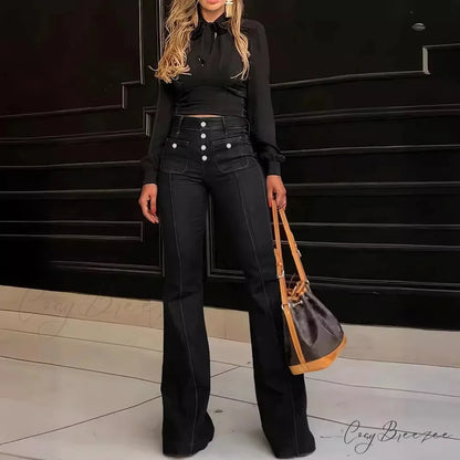 Spring Summer New Retro High Waist Stitching Washed Stretch Slim Bell-Bottom Denim Jean Black / S