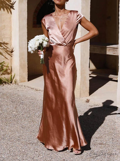Spring/Summer Satin Solid Color Graceful V-Neck Fishtail Party Dress Pink / S