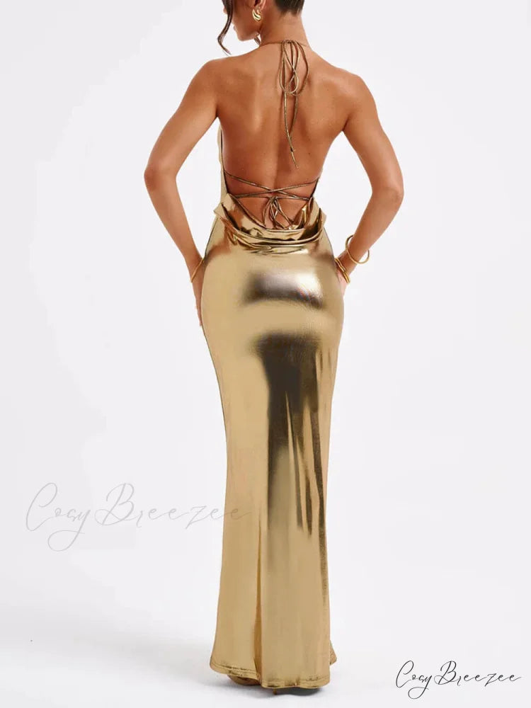 Spring Swing Collar Glossy Graceful Metallic Backless Maxi Dress