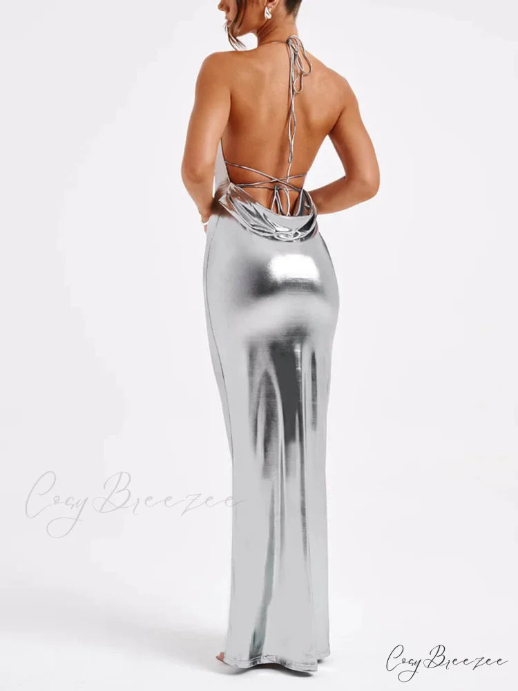 Spring Swing Collar Glossy Graceful Metallic Backless Maxi Dress