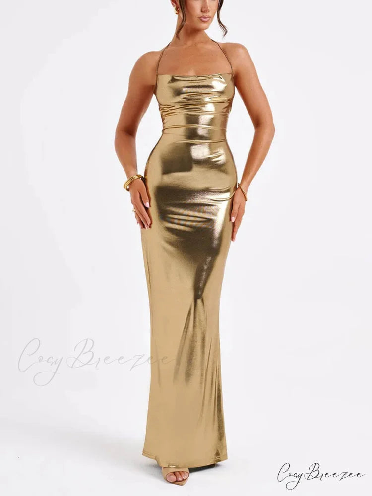 Spring Swing Collar Glossy Graceful Metallic Backless Maxi Dress Gold / S