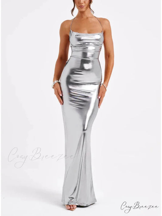 Spring Swing Collar Glossy Graceful Metallic Backless Maxi Dress Silver / S