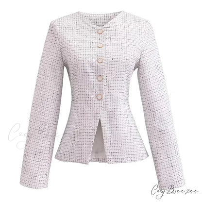 Spring V Collar White Plaid Woven Tweed Slim Waist Single-Breasted Button Slit Blazer