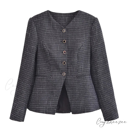 Spring V Collar White Plaid Woven Tweed Slim Waist Single-Breasted Button Slit Blazer Black / S