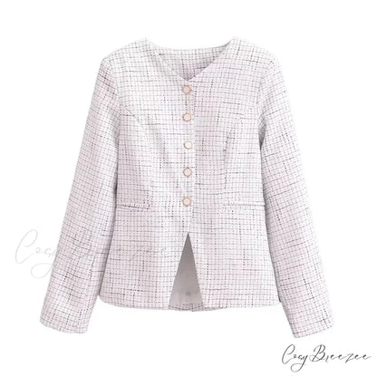 Spring V Collar White Plaid Woven Tweed Slim Waist Single-Breasted Button Slit Blazer WHITE / S