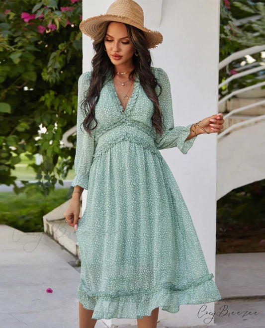 Spring V Neck Print Dress with Butterfly Sleeves and High Waist Ruffles in Chiffon Midi Length S / GREEN