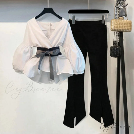 Spring Women’s Bow Pants Lantern Flare Black + Striped Split Warm-Season Blouse Arm Arm Set 2pcs set 2 / S