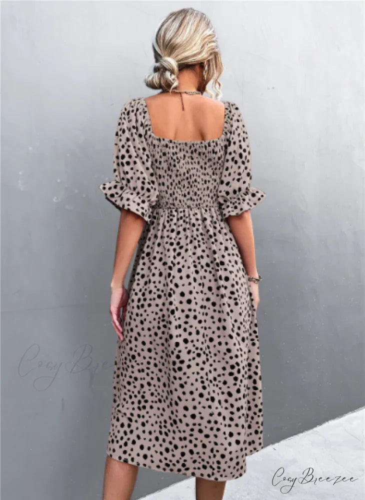 Square Collar Bubble Sleeve Dress L / black