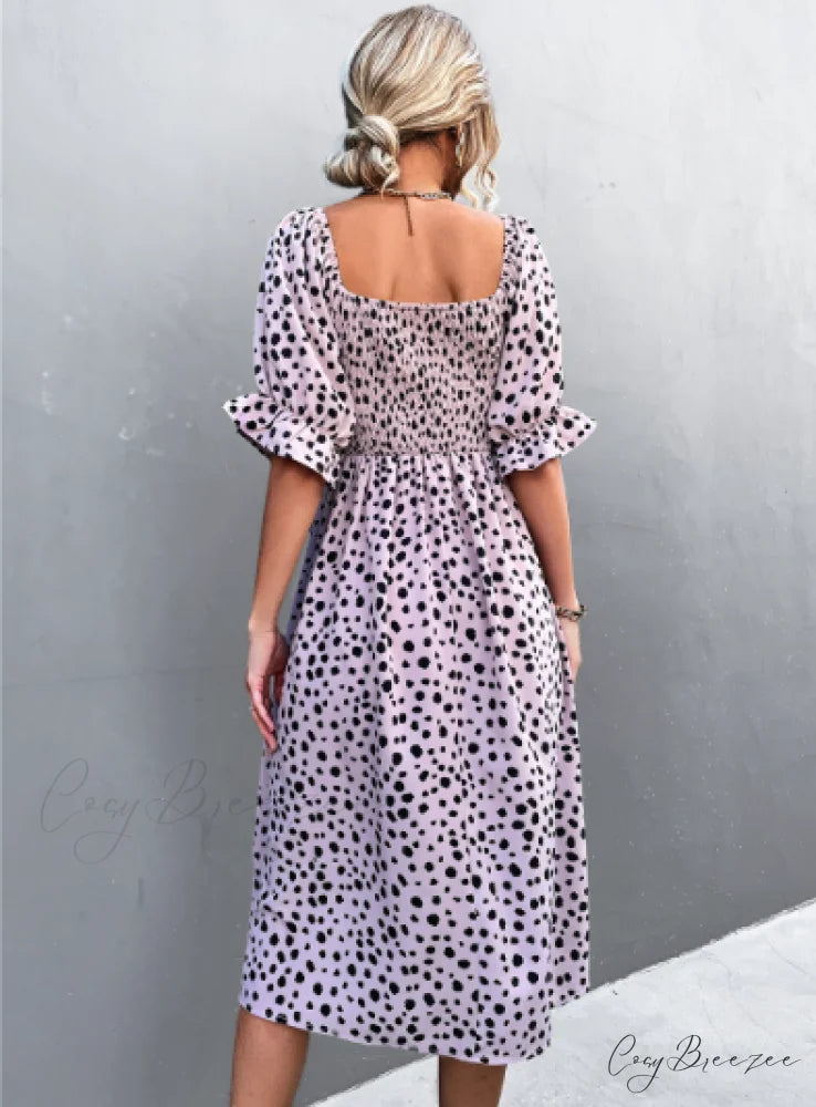 Square Collar Bubble Sleeve Dress L / pink