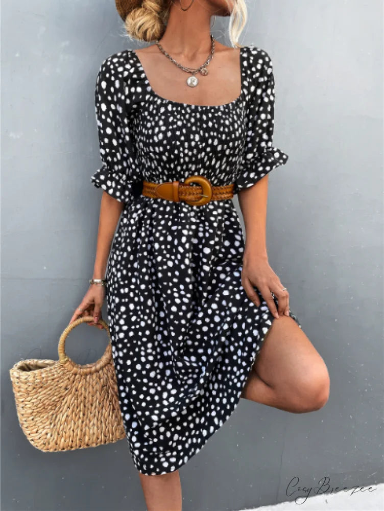 Square Collar Bubble Sleeve Dress M / black