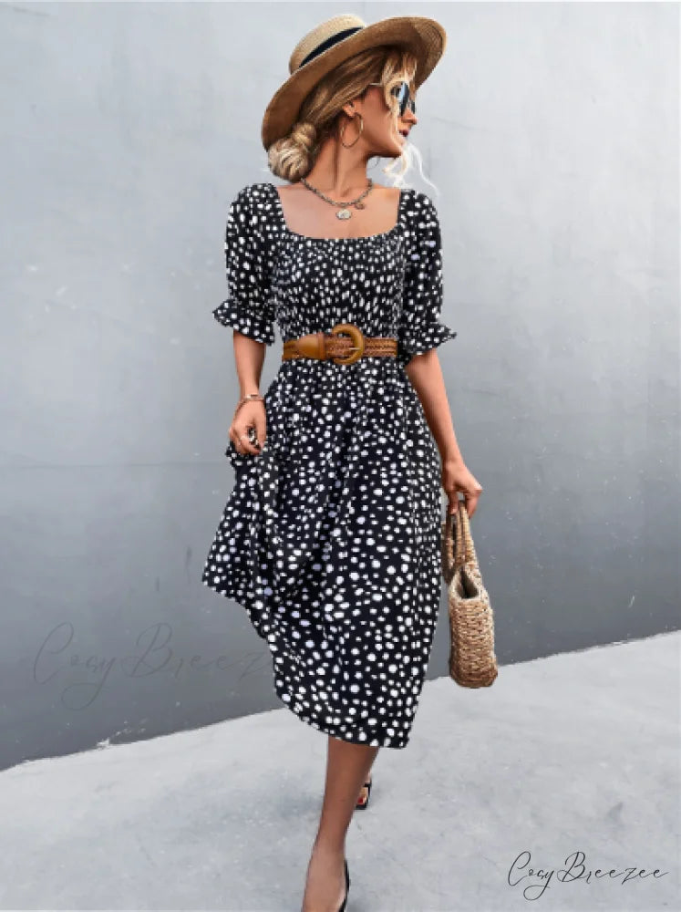 Square Collar Bubble Sleeve Dress S / black