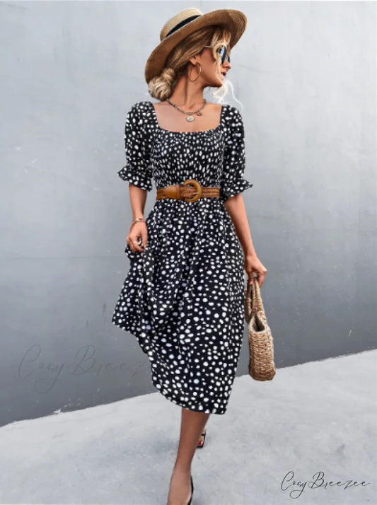 Square Collar Bubble Sleeve Dress S / black
