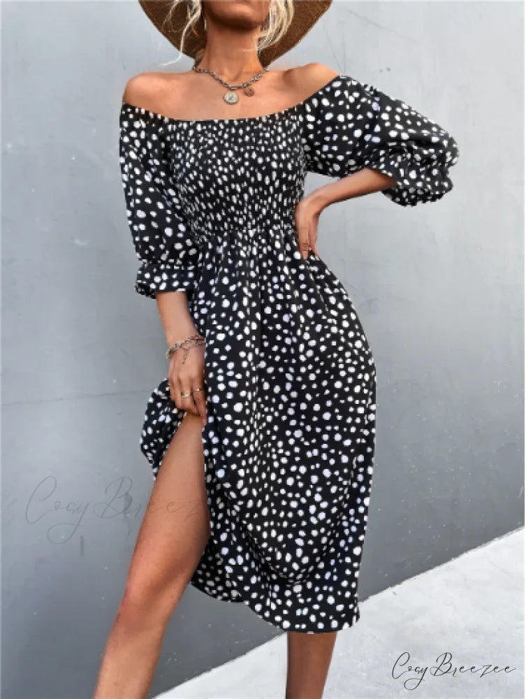 Square Collar Bubble Sleeve Dress S / khaki