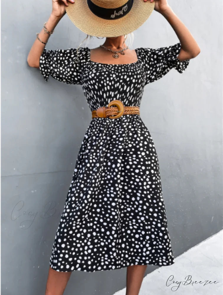 Square Collar Bubble Sleeve Dress S / pink